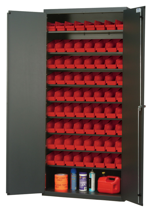 QPR-101RD Heavy-Duty 36" Bin Cabinet, 36"W x 18"D x 78"H, 400 lb. capacity per shelf, 14 gauge all welded construction, includes: (8) slopped shelves and (72) QSB101 red bins, gray powder-coated finish