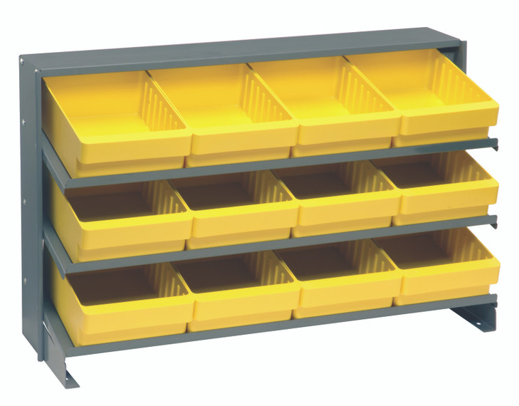 QPRHA-701YL Pick Rack, slopped, bench style, 12-1/2"L x 36"W x 23"H, 250 lbs. capacity, (3) shelves configuration, includes: (12) QED701 yellow bins