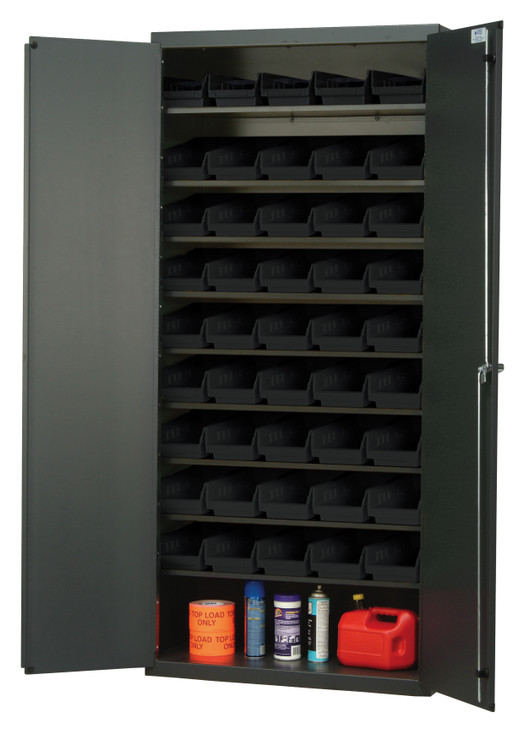 QPR-102BK Heavy-Duty 36" Bin Cabinet, 36"W x 18"D x 78"H, 400 lb. capacity per shelf, 14 gauge all welded construction, includes: (8) slopped shelves and (45) QSB102 black bins, gray powder-coated finish