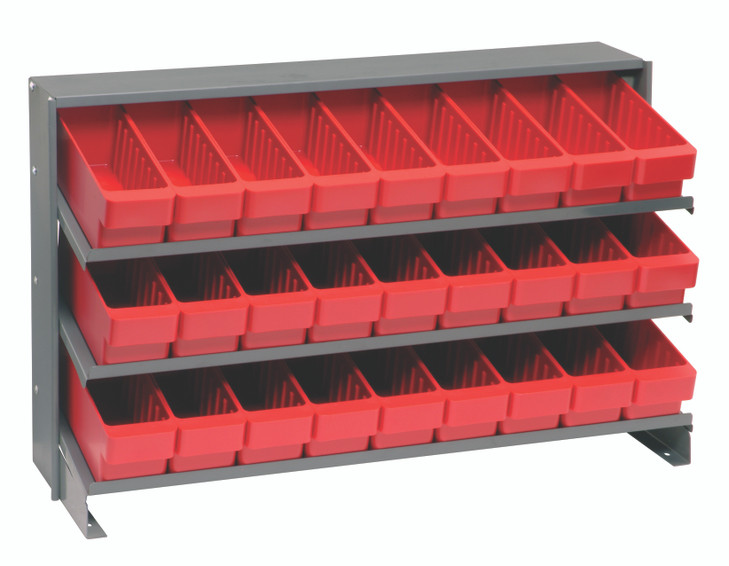 QPRHA-501RD Pick Rack, slopped, bench style, 12-1/2"L x 36"W x 23"H, 250 lbs. capacity, (3) shelves configuration, includes: (27) QED501 red bins
