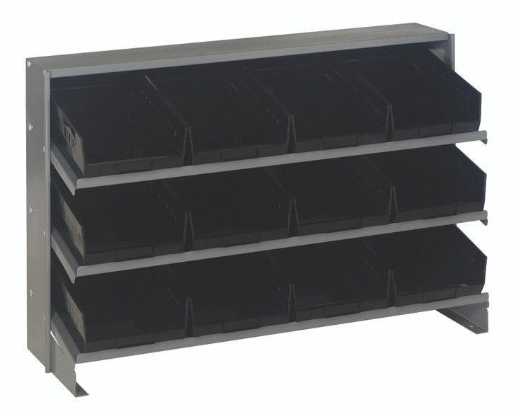 QPRHA-107BK Pick Rack, slopped, bench style, 12-1/2"L x 36"W x 23"H, 250 lbs. capacity, (3) shelves configuration, includes: (12) QSB107 black bins
