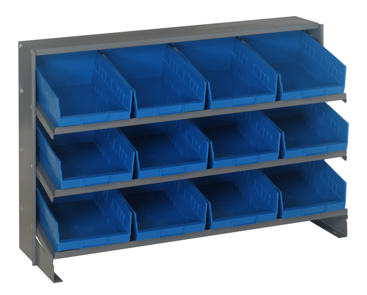 QPRHA-107BL Pick Rack, slopped, bench style, 12-1/2"L x 36"W x 23"H, 250 lbs. capacity, (3) shelves configuration, includes: (12) QSB107 blue bins