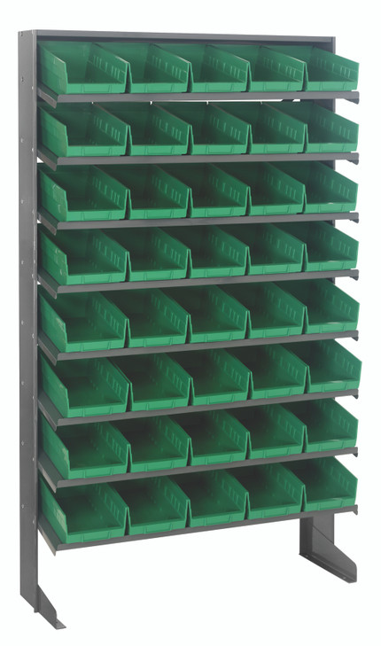 QPRS-102GN Pick Rack, slopped, single sided, 12"D x 36"W x 60"H, 400 lbs. capacity, includes: (8) shelves and (40) QSB102 green bins, galvanized steel