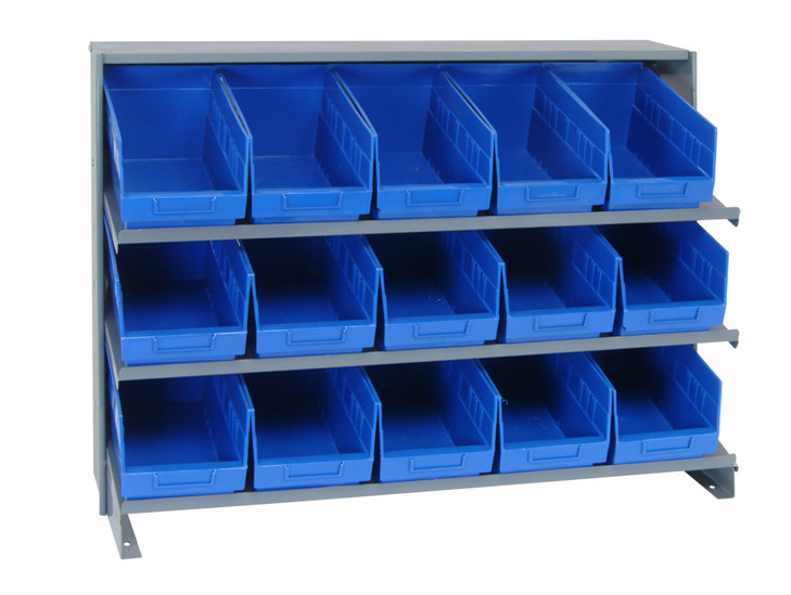 QPRHA-202BL Pick Rack, slopped, bench style, 12-1/2"L x 36"W x 26-1/2"H, 250 lbs. capacity, (3) shelves configuration, includes:: (15) QSB202 blue bins