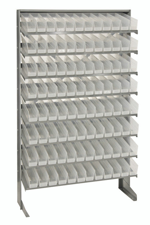 QPRS-100CL Pick Rack, slopped, single sided, 12"D x 36"W x 60"H, 400 lbs. capacity, includes: (8) shelves and (96) QSB100 clear bins, galvanized steel