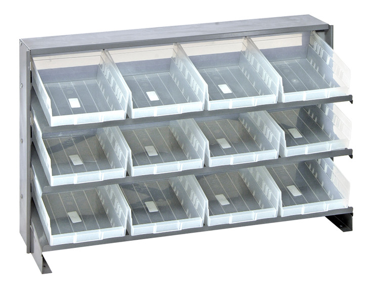QPRHA-107CL Pick Rack, slopped, bench style, 12-1/2"L x 36"W x 23"H, 250 lbs. capacity, (3) shelves configuration, includes: (12) QSB107 clear bins