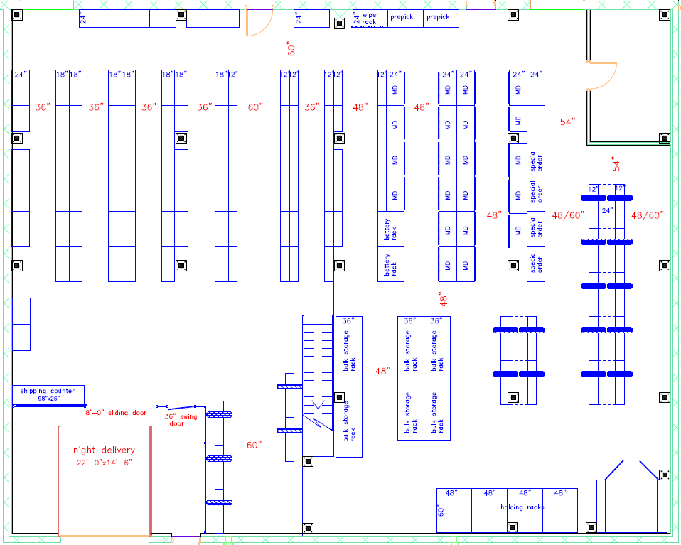 Sample automotive parts department layout showing drawer cabinets, rivet rack, flexi bins, tire racks, mezzanine, and VRC