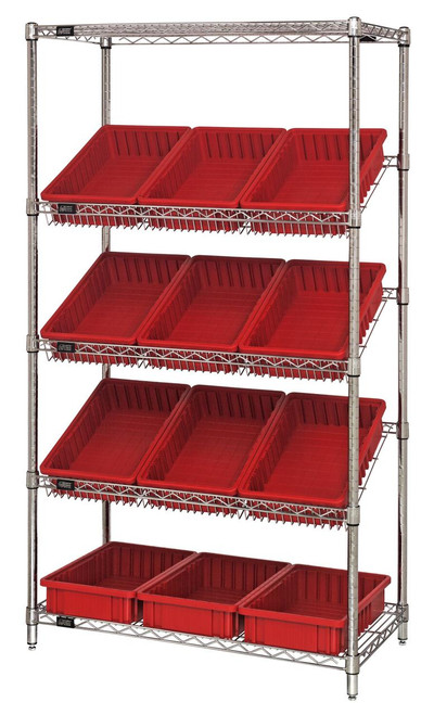 Slanted Wire Shelving Unit 18D x 36W x 74with 48 QSB103 Bins