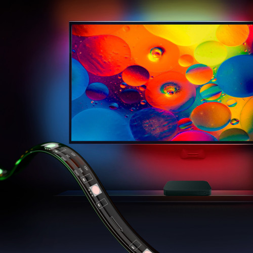 TV with colorful display and LED backlight strip creating an immersive viewing experience. TV with colorful display and LED backlight strip creating an immersive viewing experience.
