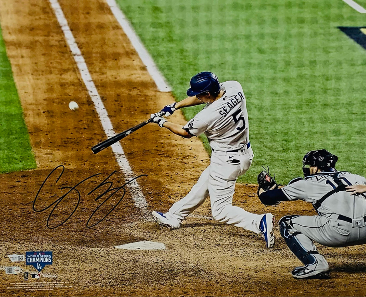 COREY SEAGER Autographed Los Angeles Dodgers 2020 MLB World Series  Champions Hitting 16 x 20 Photograph FANATICS