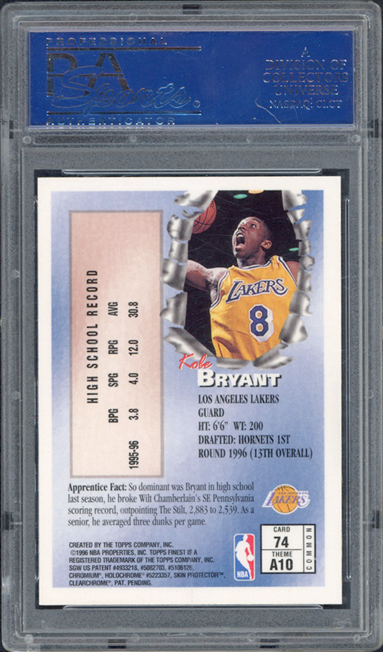 KOBE BRYANT 1996 TOPPS Finest RC #74 No Coating Rookie Lakers PSA 