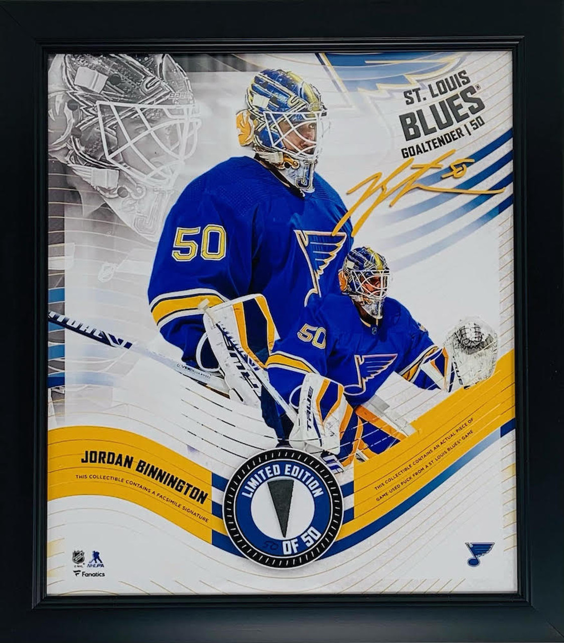 JORDAN BINNINGTON St. Louis Blues Framed 15 x 17 Game Used Puck Collage LE  50/50 - Game Day Legends