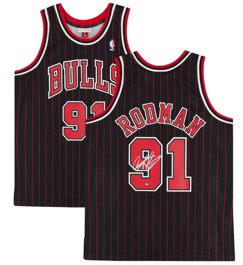 DENNIS RODMAN Autographed Bulls Pinstripe Mitchell & Ness Jersey FANATICS