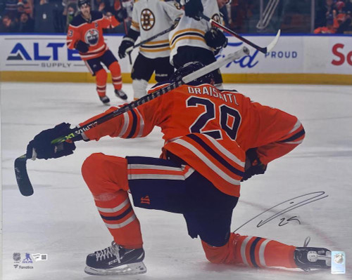 LEON DRAISAITL Autographed "Celebration" Oilers 16" x 20" Photograph FANATICS