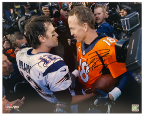 TOM BRADY / PEYTON MANNING Autographed 16" x 20" "Handshake" Photo FANATICS