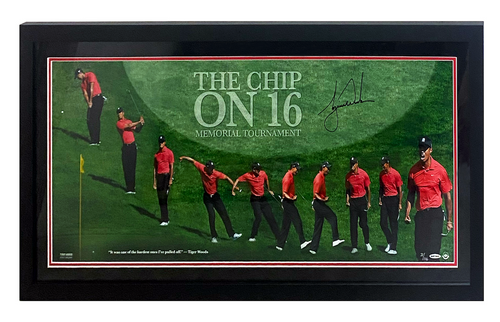 Tiger Woods Autographed "Chip at 16" Framed 41" x 20" Photograph UDA LE 116