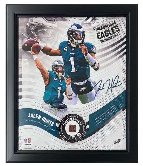 Jalen Hurts Eagles Framed 15" x 17" Game-Used Football Collage LE 1/50