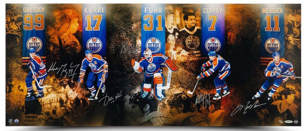 WAYNE GRETZKY, PAUL COFFEY and GRANT FUHR Autographed 36 x 18 “Outstanding  Oilers”Inscribed Photo UDA LE 50 - Game Day Legends