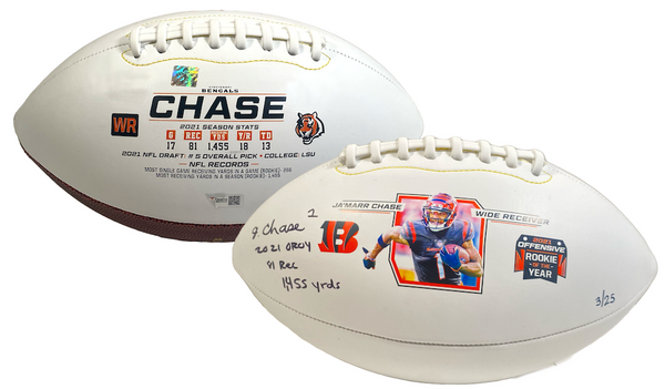 JA'MARR CHASE Autographed '2021 OROY' Stat White Panel Football