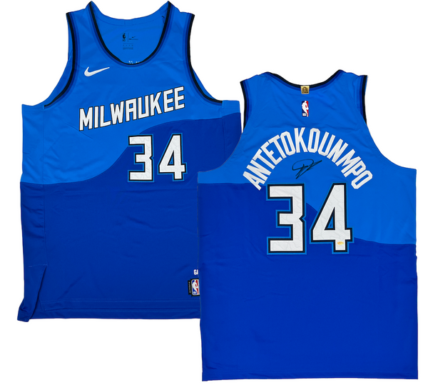 Giannis Antetokounmpo Milwaukee Bucks Autographed Deluxe Framed Nike Blue  2022-2023 City Edition Authentic Jersey