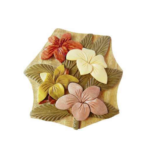 Four Plumeria flower Puzzle Box Aloha Wood Art