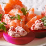 Deviled Red Beet Eggs with Blackened Shrimp