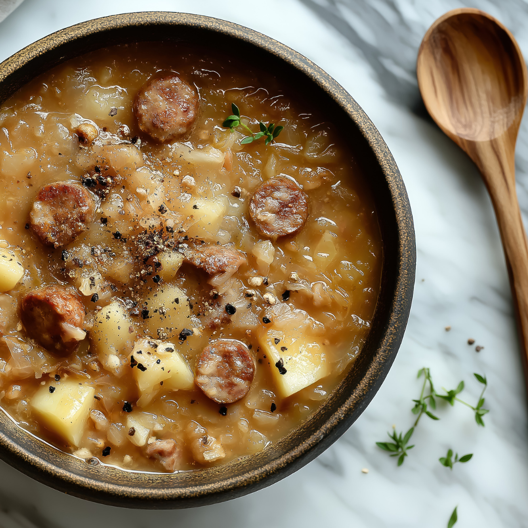 Creamy Potato Soup with Sausage and Sauerkraut - Jake & Amos