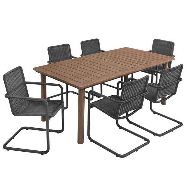 EEI-7073 Abacus 7-Piece Rectangular Outdoor Patio Aluminum Dining Table Set with Rattan Armchairs by Modway