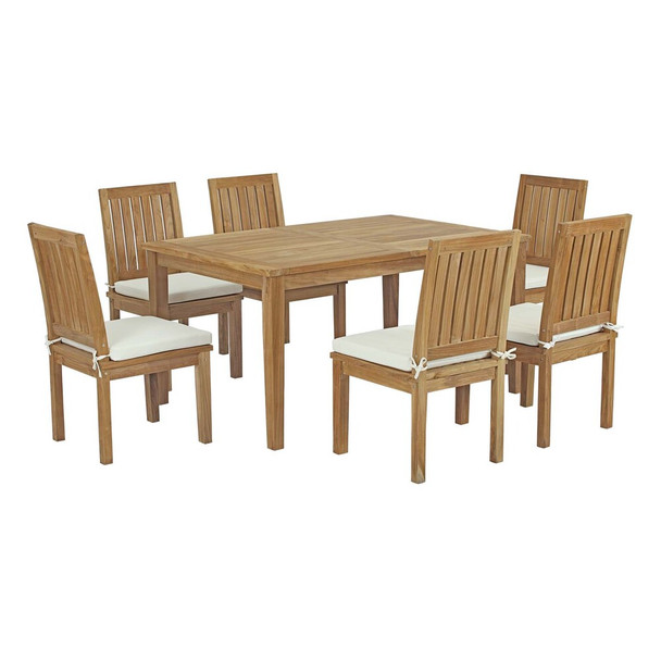 EEI-3293-NAT-WHI-SET Marina 7 Piece Outdoor Patio Teak Dining Set by Modway