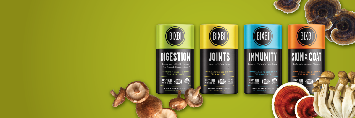 Bottles of Bixbi Mushroom Supplements