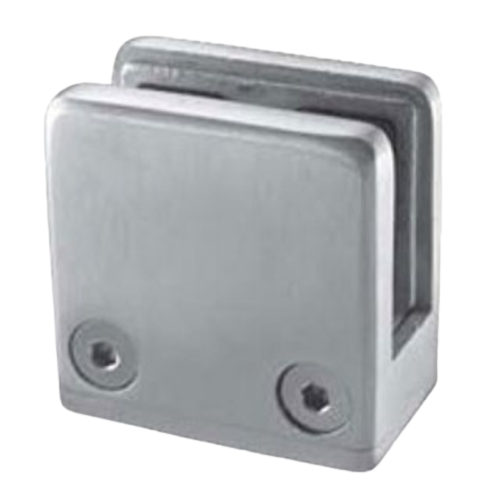 316 Grade Stainless Steel Square Glass Clamp for 5/16" or 5/8" glass. This glass clamp is for attaching glass panels to a flat wall or square newel post. Protective plastic washers are included with removable pin. Clamp is 2-3/64" x 2-3/64".