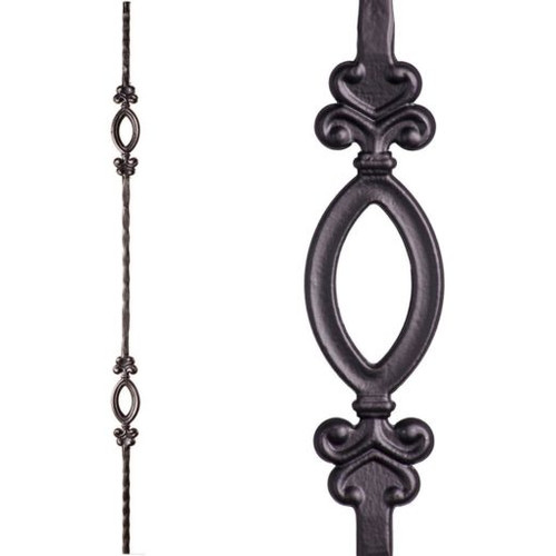 The Tuscan Hammered Double Oval Baluster features ends that are 9/16" square. It has a height of 44" and weighs approximately 3.8 lbs. This baluster is designed to pair perfectly with all 9/16" square hammered balusters, allowing you to create a cohesive and visually appealing railing system.