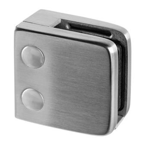 Stainless Square Glass Clamp for Flat Surface. Glass Clamp is 1.38" thick x 2.17" tall x 2.17" wide. Available in 304 Grade for interior applications and 316 Grade for exterior applications. Available for 5/16", 3/8" or 1/2" thick tempered or laminated glass panels. Please designate thickness of glass being used in Comment Box on Check-Out Page.