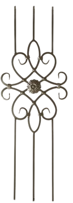 Satin Black Decorative Scroll Iron Panel - 3 Leg. Solid 1/2" square legs x 15" width x 44" height. Panel (not including legs) is approximately 21" height x 15" width. Only available in Satin Black.