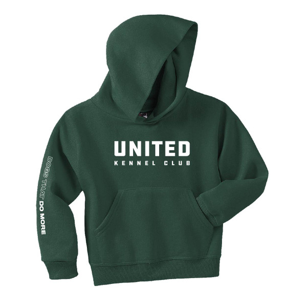 Cozy forest green UKC Youth Hoodie with logo on the front and “Dogs That Do More” on the sleeve.
