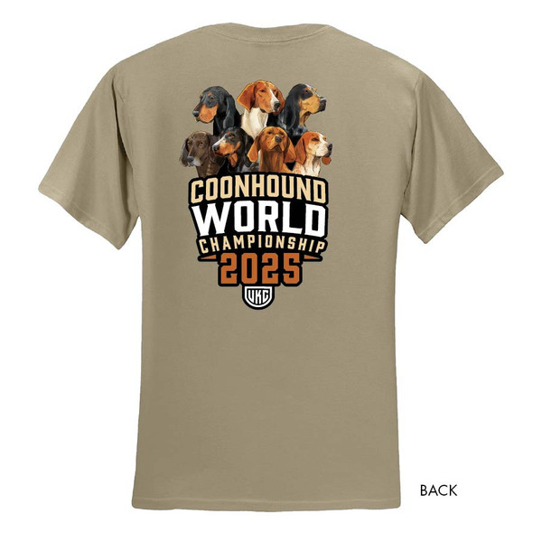 This exclusive tee features a bold front graphic with the Coonhound World logo and detailed portraits of all six UKC-recognized coonhound breeds on the back. This exclusive tee features a bold front graphic with the Coonhound World logo and detailed portraits of all six UKC-recognized coonhound breeds on the back.