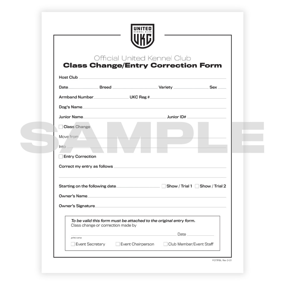 Official UKC Class Change/Entry Correction Form (pack of 100)
