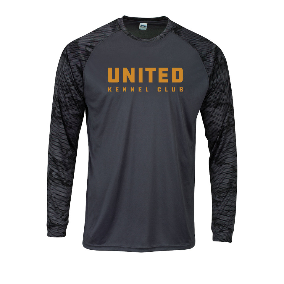 Black long sleeve performance shirt with black camo sleeves and legend gold United Kennel Club logo on the chest.