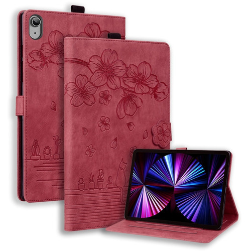 iPad 10th Gen 10.9 2022 Cartoon Sakura Cat Embossed Smart Leather Tablet Case - Red