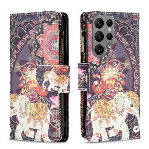 Samsung Galaxy S24 Ultra 5G Colored Drawing Pattern Zipper Leather Phone Case - Flower Elephant