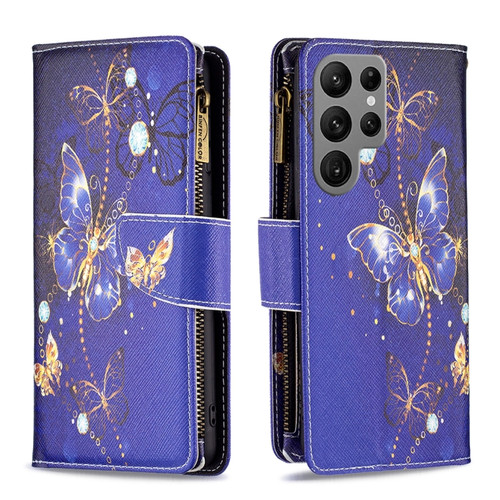 Samsung Galaxy S24 Ultra 5G Colored Drawing Pattern Zipper Leather Phone Case - Purple Butterfly