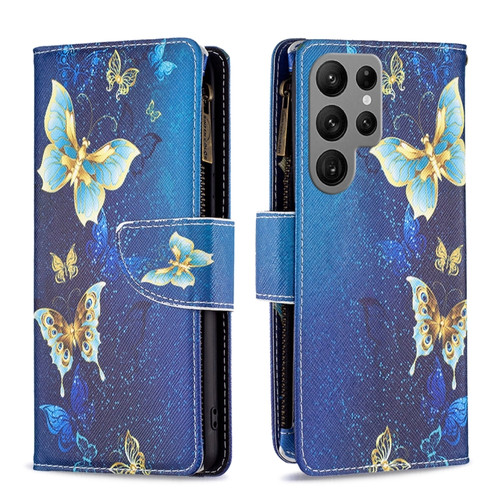 Samsung Galaxy S24 Ultra 5G Colored Drawing Pattern Zipper Leather Phone Case - Gold Butterfly