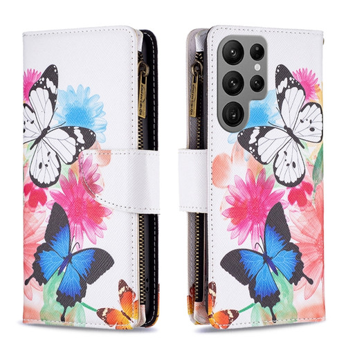 Samsung Galaxy S24 Ultra 5G Colored Drawing Pattern Zipper Leather Phone Case - Two Butterflies