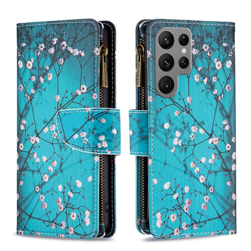 Samsung Galaxy S24 Ultra 5G Colored Drawing Pattern Zipper Leather Phone Case - Plum Blossom