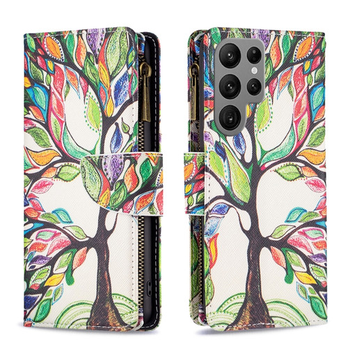 Samsung Galaxy S24 Ultra 5G Colored Drawing Pattern Zipper Leather Phone Case - Big Tree