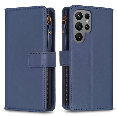 Samsung Galaxy S24 Ultra 5G 9 Card Slots Zipper Wallet Leather Flip Phone Case - Blue