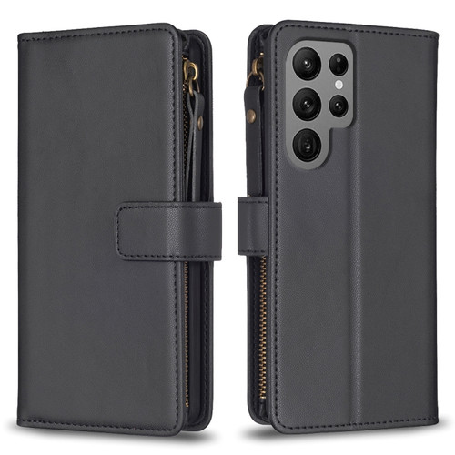 Samsung Galaxy S24 Ultra 5G 9 Card Slots Zipper Wallet Leather Flip Phone Case - Black