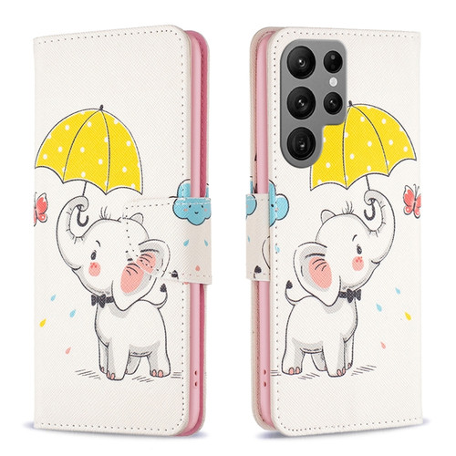 Samsung Galaxy S24 Ultra 5G Colored Drawing Pattern Leather Phone Case - Umbrella Elephant