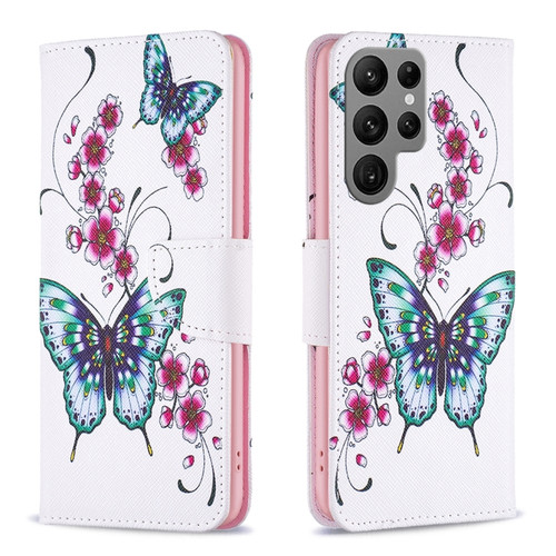 Samsung Galaxy S24 Ultra 5G Colored Drawing Pattern Leather Phone Case - Flowers Butterfly