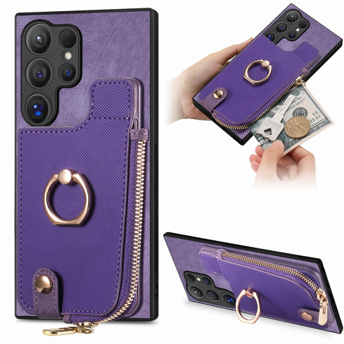 Samsung Galaxy S24 Ultra 5G Cross Leather Ring Vertical Zipper Wallet Back Phone Case - Purple